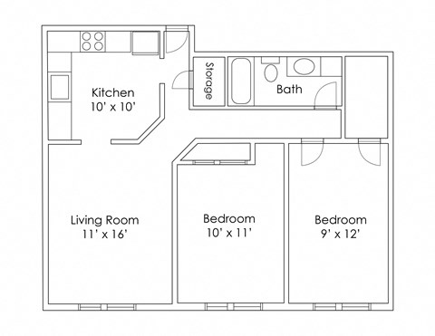 Floor plan for 2 beds, 1 bath, 972 sqft